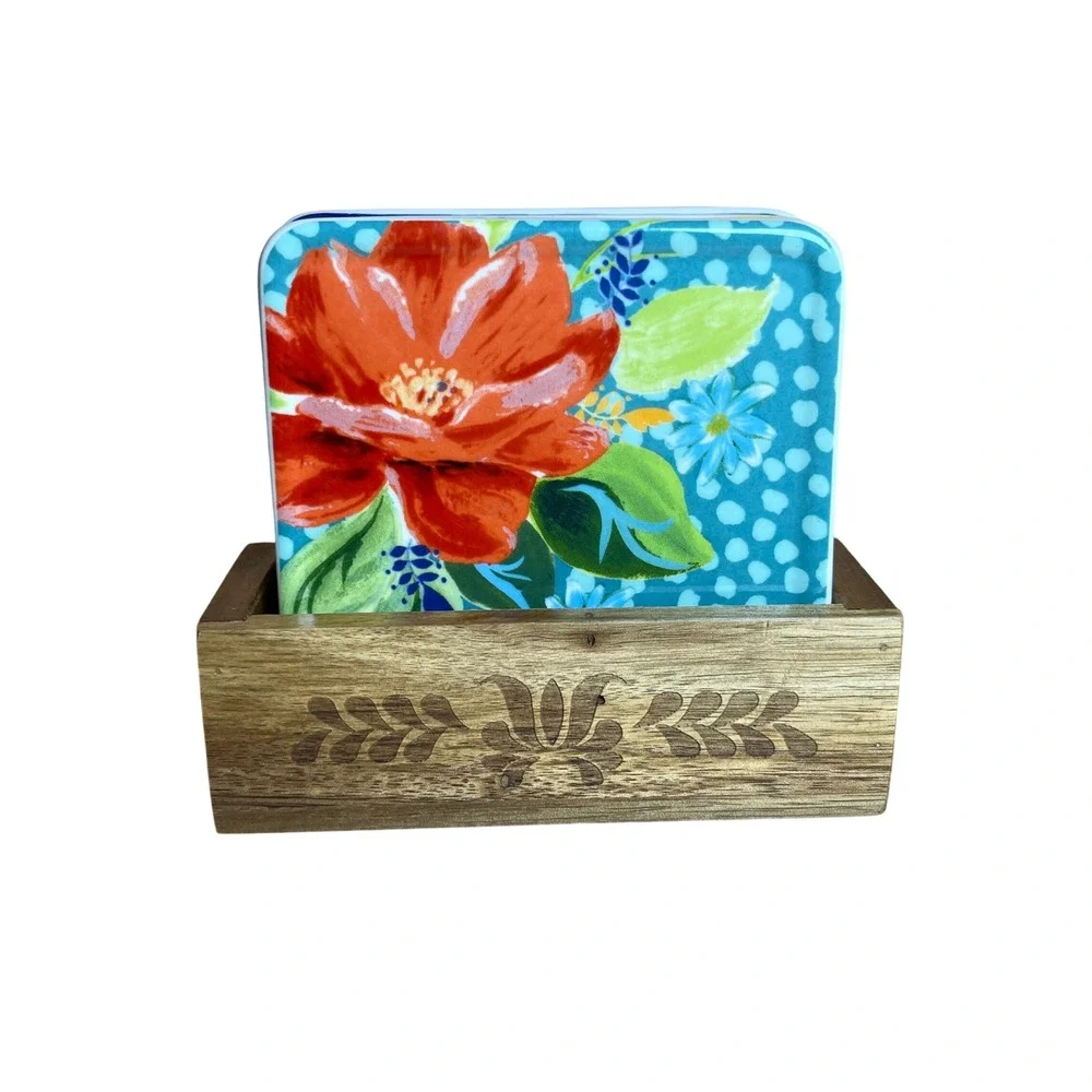 The Pioneer Woman Floral Ceramic Coaster Set of 4 with Engraved Wood Holder Boho